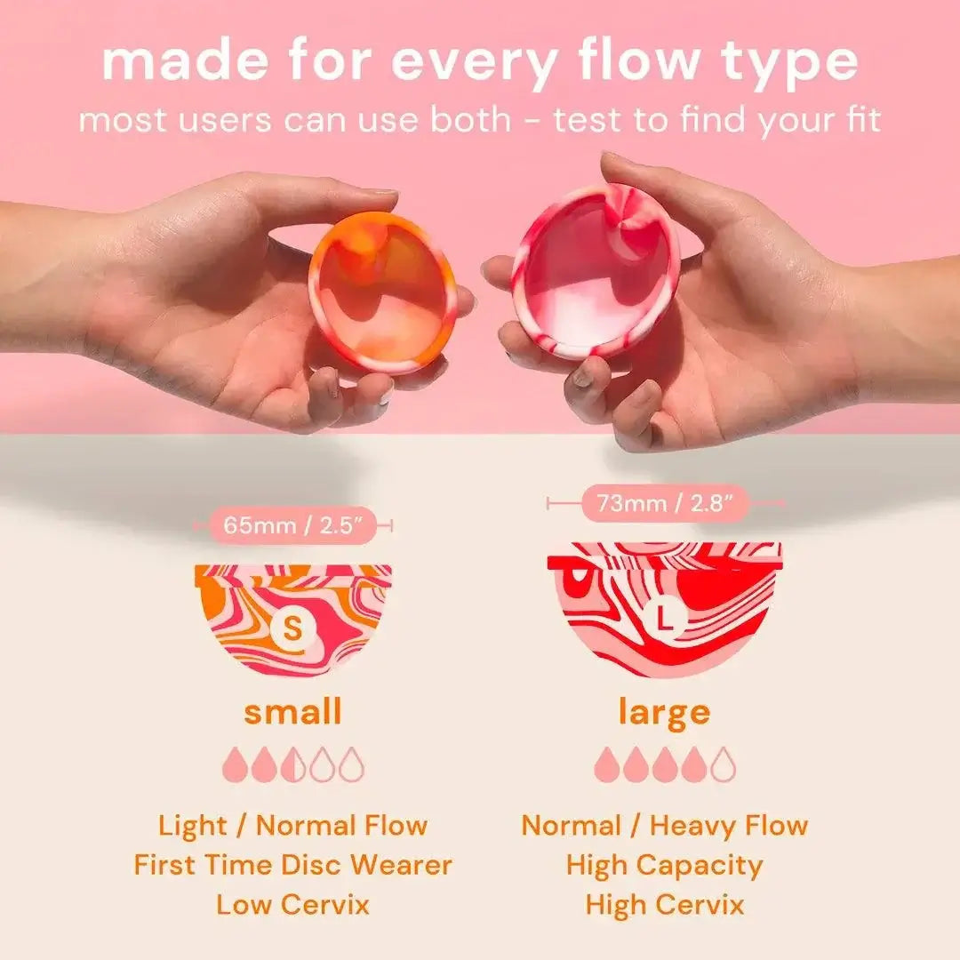 Bodyotics reusable menstrual discs in small and large sizes for light to heavy flow, made of medical-grade silicone.