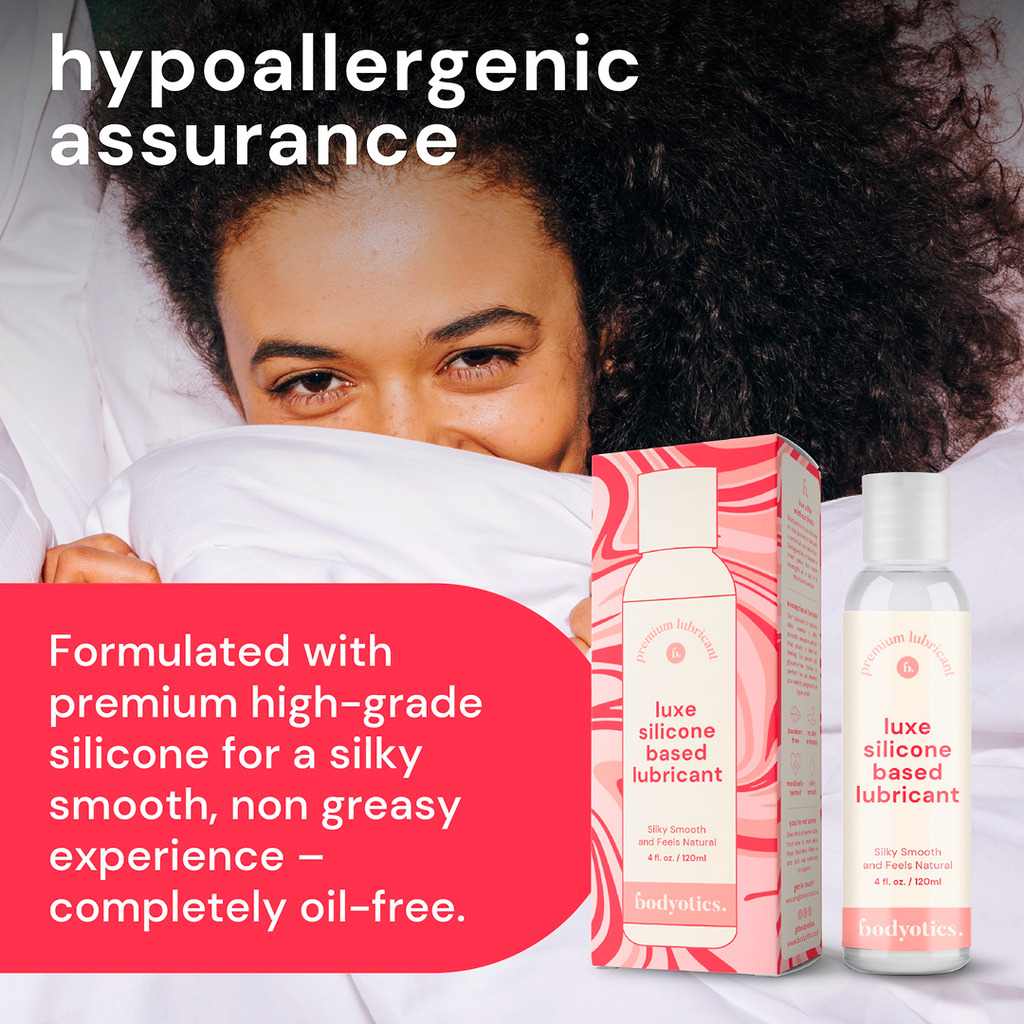 Bodyotics Silicone Based Lube - 4oz, premium hypoallergenic lubricant, silky smooth, non-greasy, stain-free, waterproof.