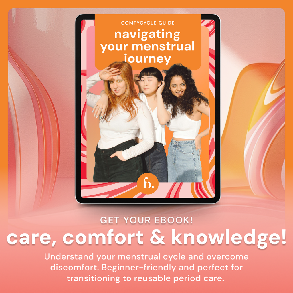 Bodyotics Comfycycle Reusable Period Disc & Care Kit packaging with "Navigating Your Menstrual Journey" guide displayed, emphasizing comfort and sustainability.