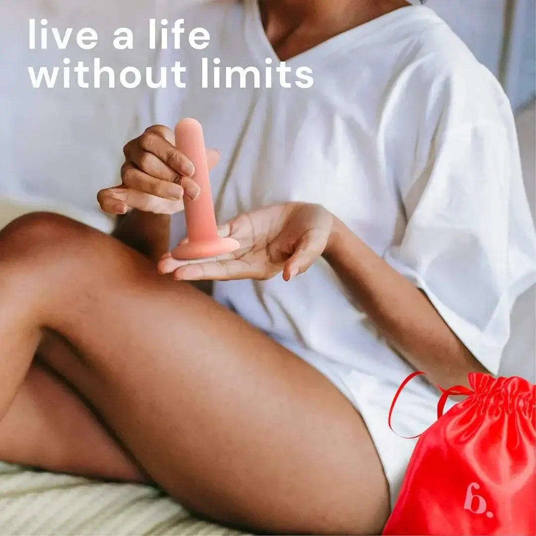 Woman holding a pink Bodyotics dilator with red carrying pouch — pelvic floor comfort and relaxation