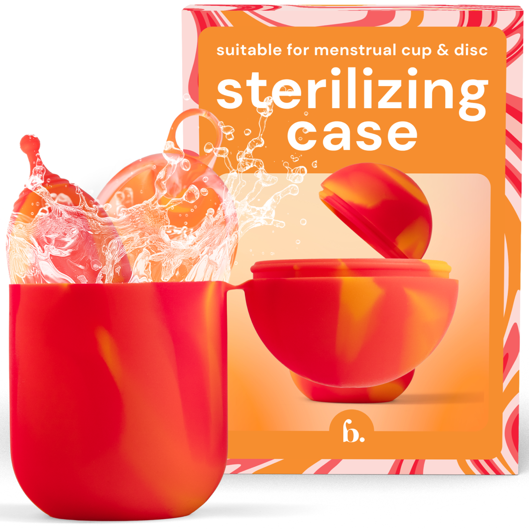Bodyotics Comfycase menstrual cup and disc sterilizer, splash of water, orange packaging.