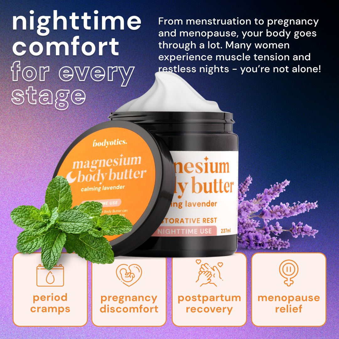Bodyotics Nighttime Magnesium Butter 8oz with mint and lavender for sleep and muscle comfort.