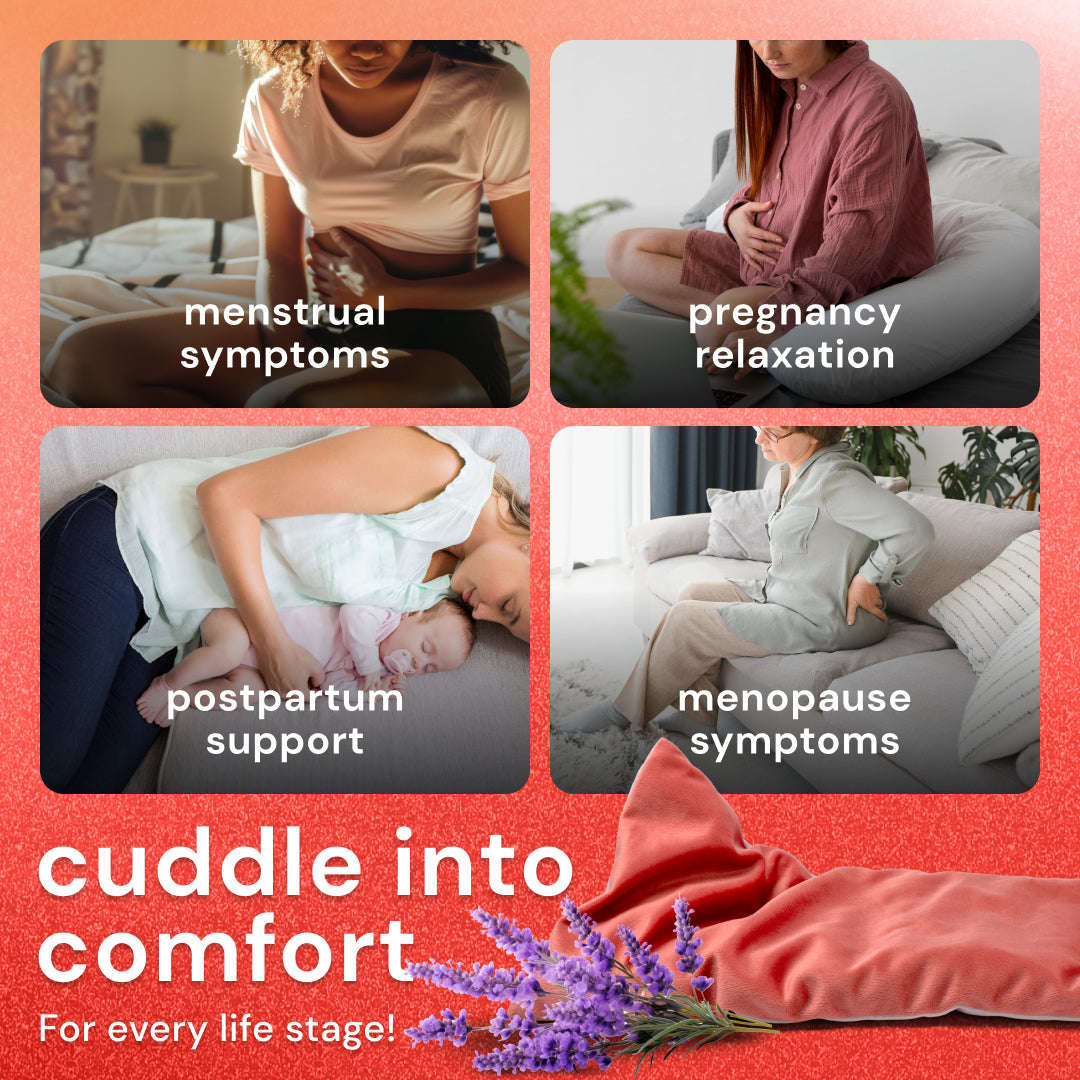 Heating pad for cramps by Bodyotics Comfycuddle, ideal for menstrual and menopause symptoms, pregnancy relaxation, and postpartum support.