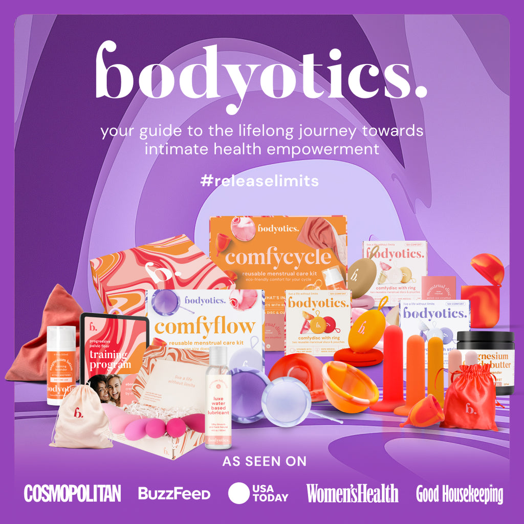 Bodyotics Comfyflow reusable menstrual cup and disc set for personalized period care.