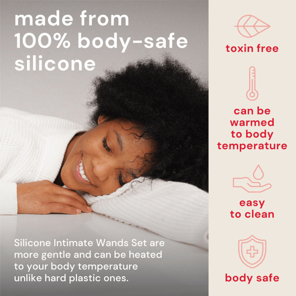 Woman demonstrating Bodyotics silicone intimate wand usage for pelvic wellness and relaxation