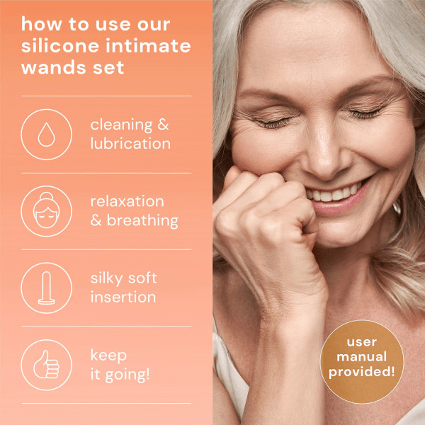 Smiling woman holding Bodyotics silicone intimate wand – pelvic floor wellness tool