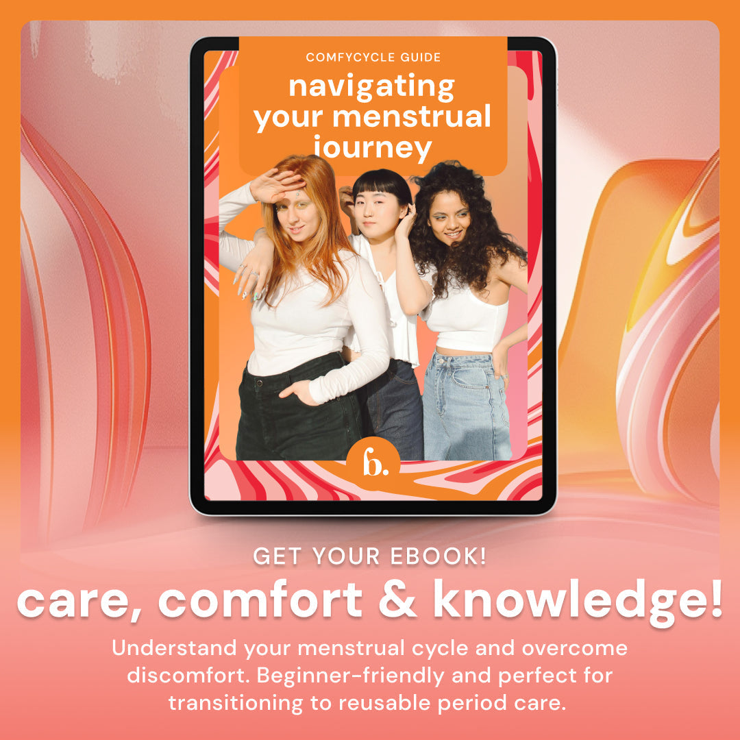Bodyotics Comfycycle Reusable Period Disc & Care Kit packaging with "Navigating Your Menstrual Journey" guide displayed, emphasizing comfort and sustainability.