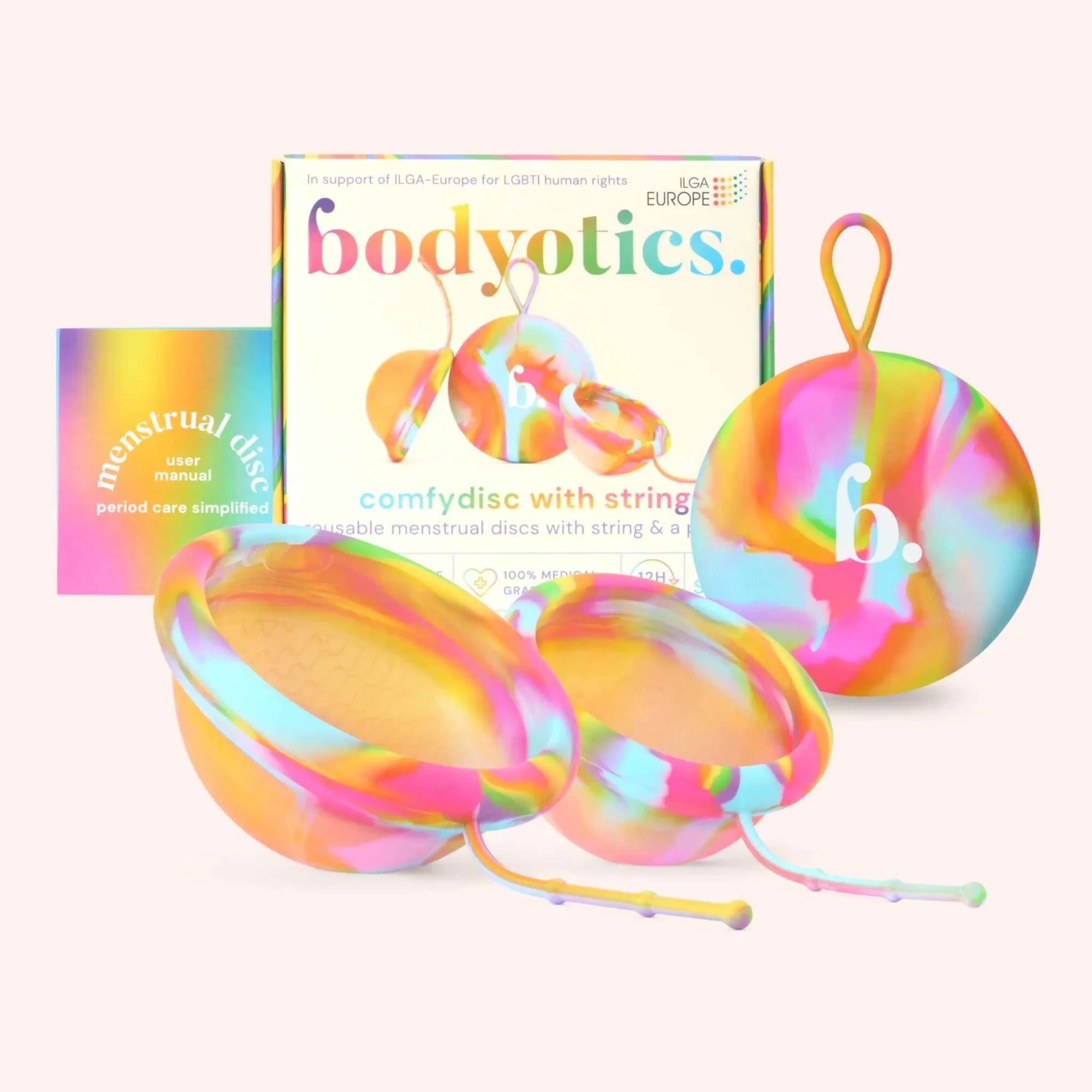 Bodyotics Comfydisc Rainbow Edition reusable menstrual discs with pull-off string and carrying pouch in vibrant rainbow colors